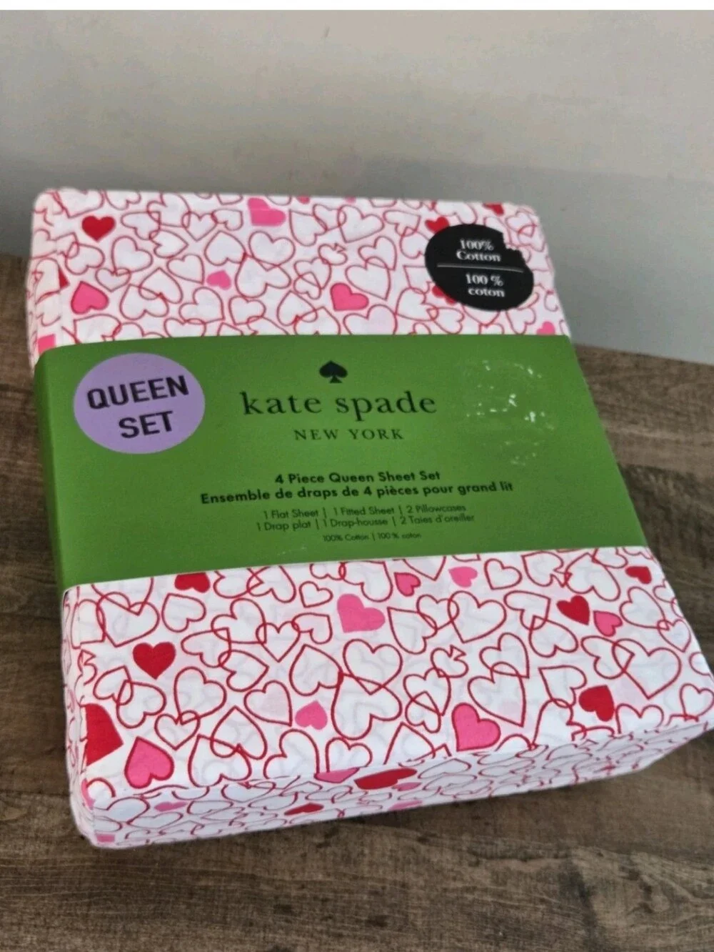 Kate Spade Queen Sheet Set Pink Red Outline Heart 3 Pc Cotton Love Valentine Day
